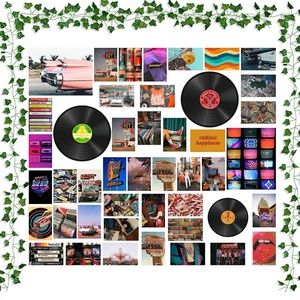 48PCS Retro Room Decor Wall Collage Aesthetic with Fake Vines, Retro Records Pic